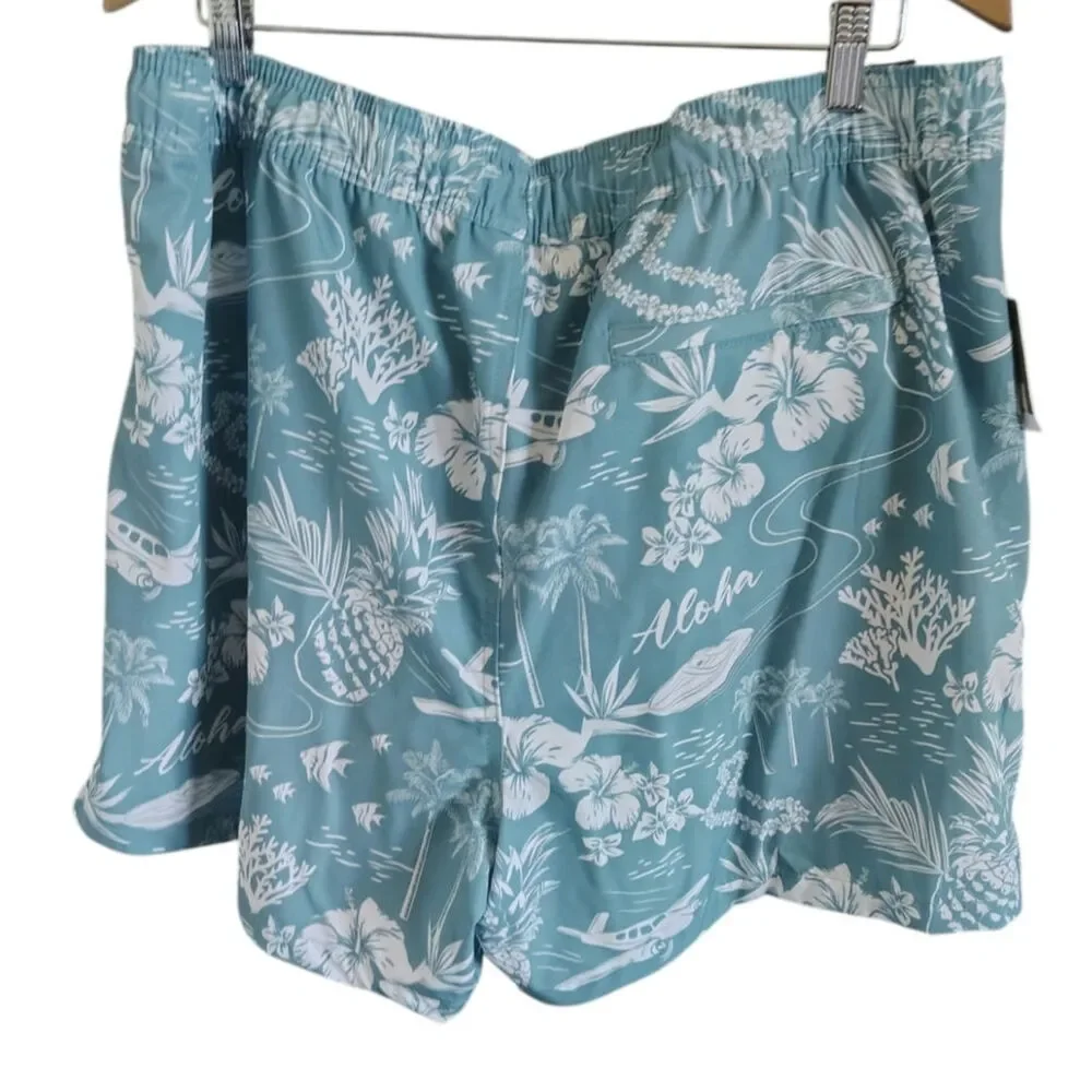 Goodfellow & Co Men's Tropical Swim Trunks Blue Hawaiian Print Drawstring Short